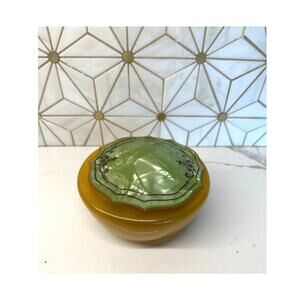 Art Deco Celluloid Vanity Jar – Green & Maize‎ Yellow Powder Box, 1920s-30s